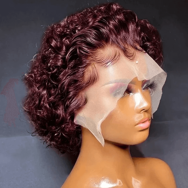 Short curly wig with a transparent lace front for a natural look, showcasing premium virgin hair in a chic style.