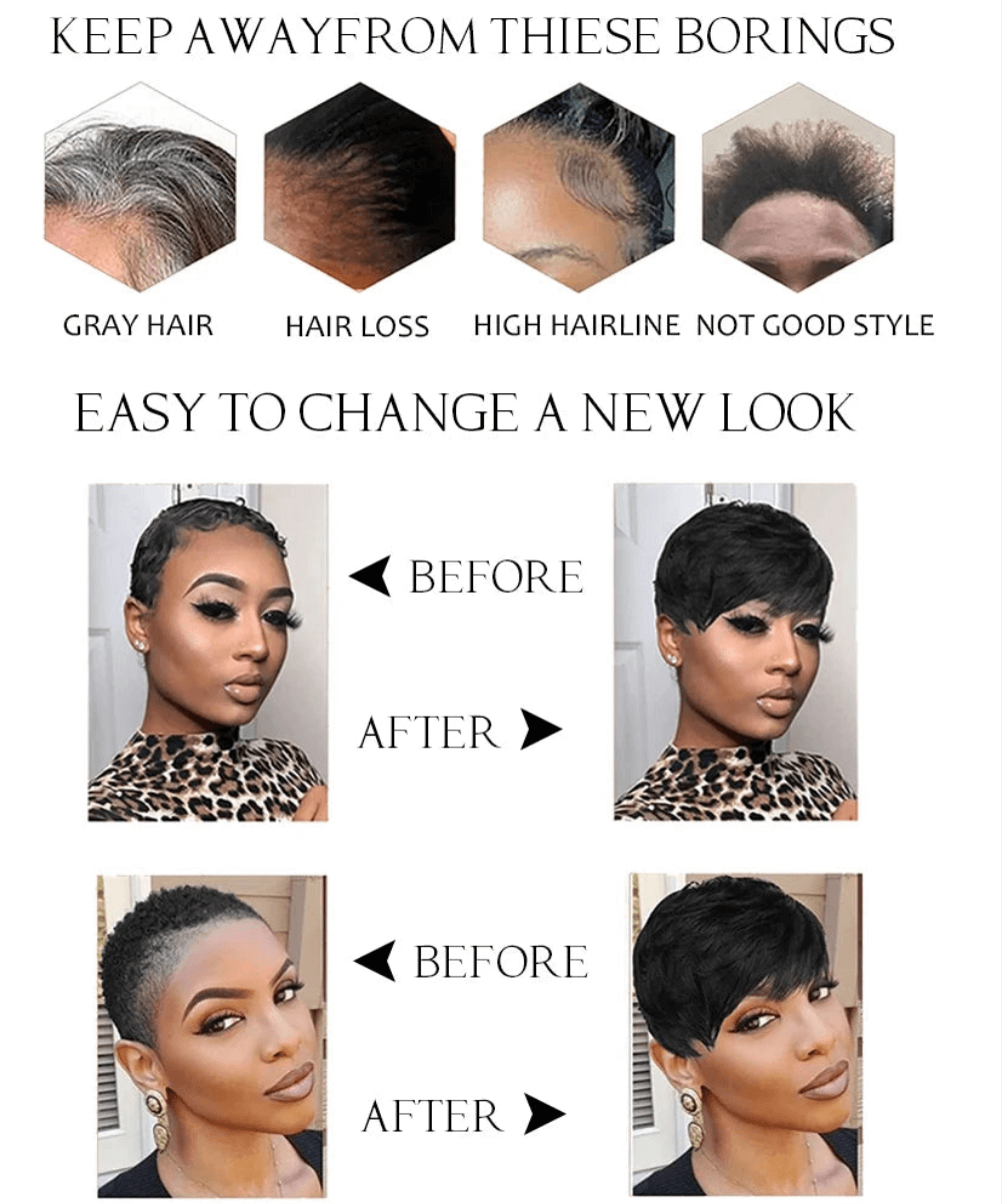 Before and after images showcasing a stylish hair transformation with a short wig, ideal for combating hair-related issues.