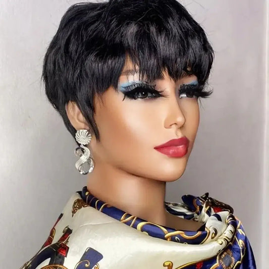 Elegant short black wig with soft texture and chic cropped cut, framed by styled makeup and accessories.