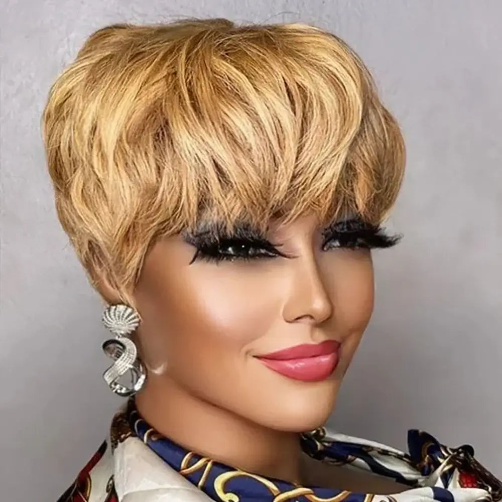 Short blonde wig styled with soft layers, showcasing a modern chic look, perfect for elegant occasions.