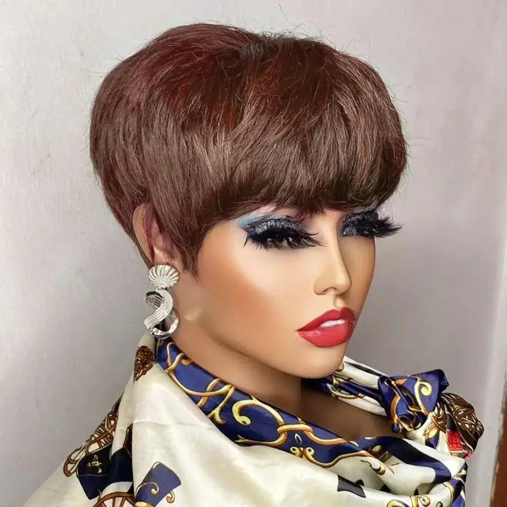 Exquisite short natural hair wig with a chic cropped cut and deep brown hue, styled with bold makeup and elegant accessories.